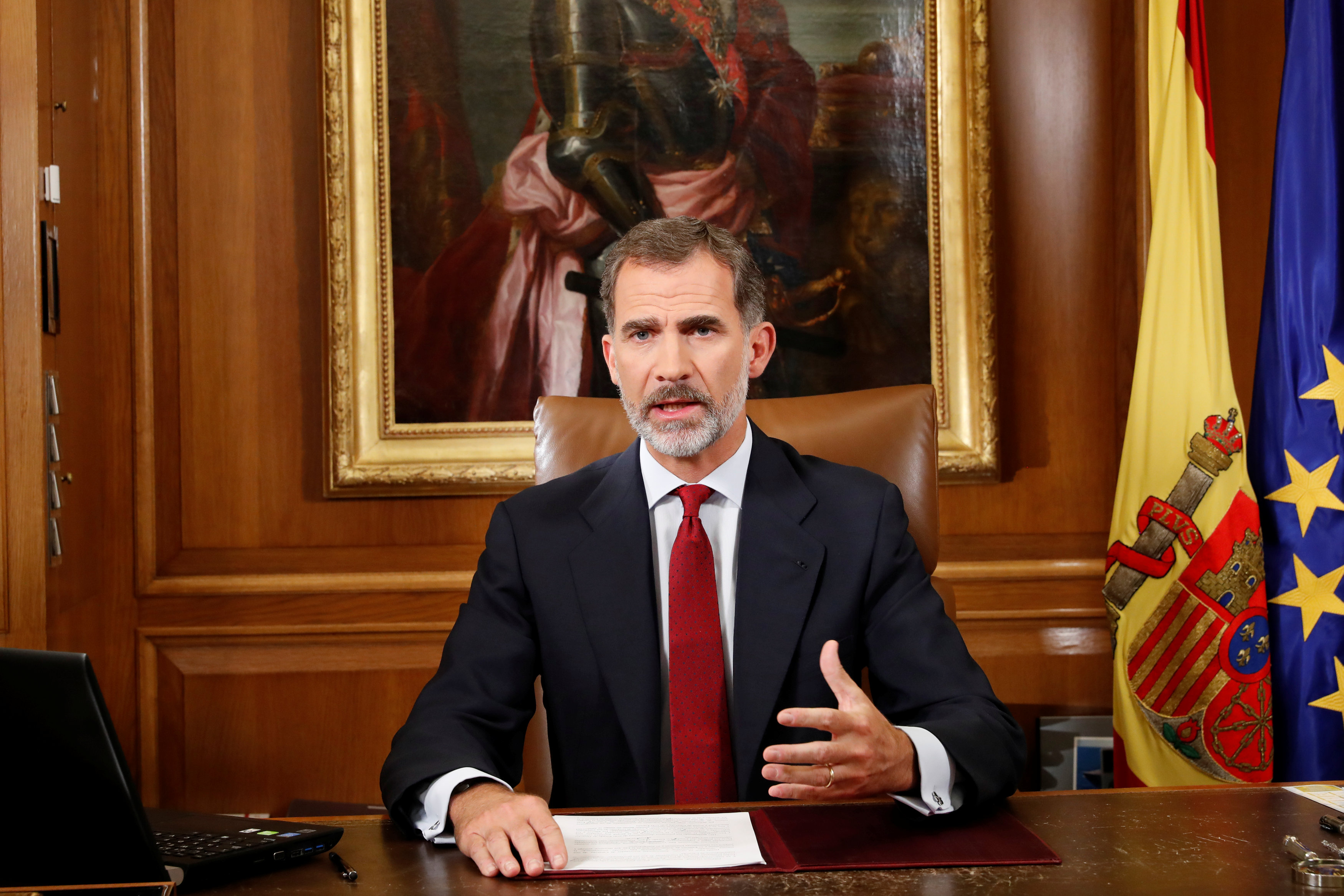 Spain's King Felipe gestures as he make an statement at Zarzuela Palace in Madrid - NARCH/NARCH30 3TP