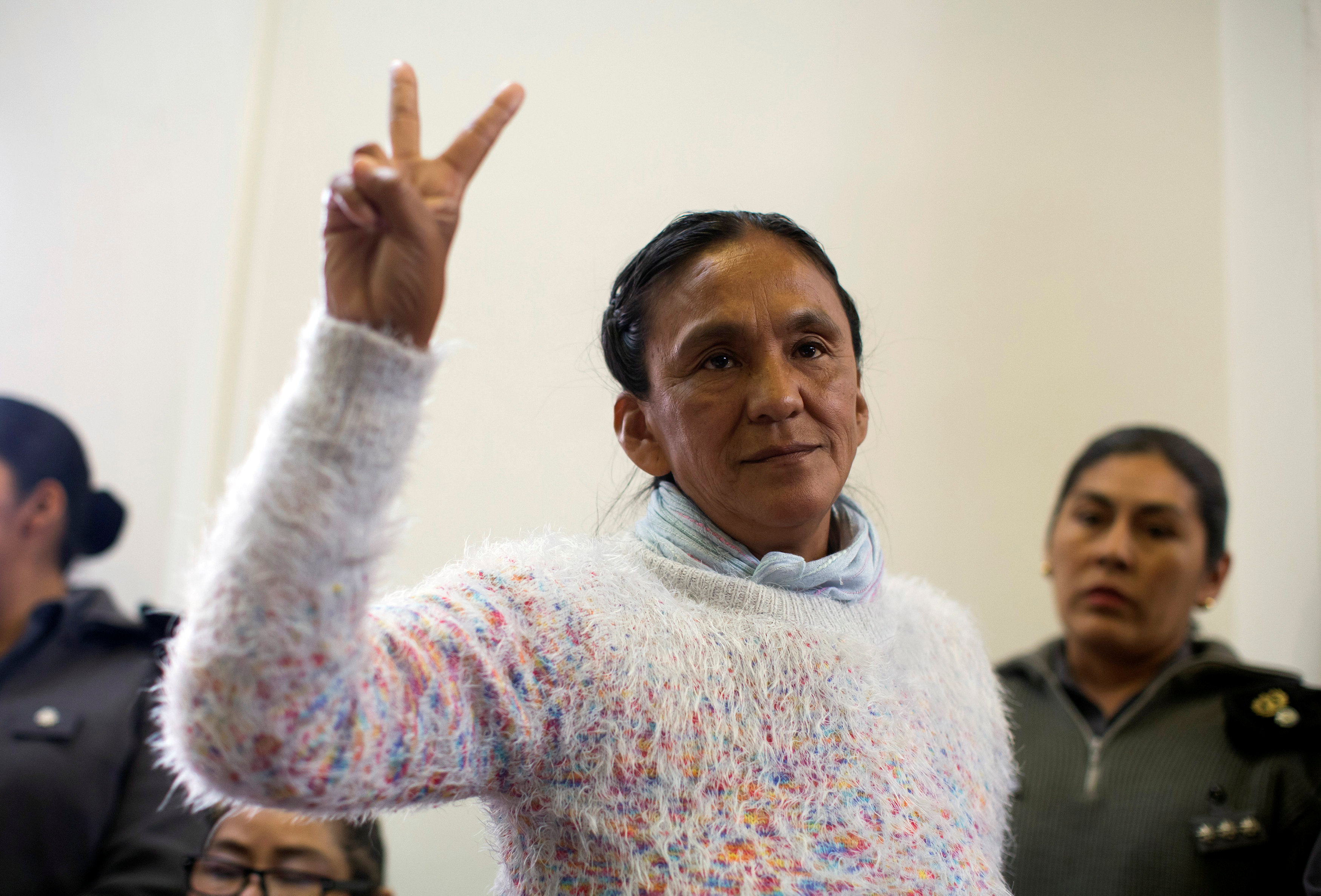 Sala, the leader of the Tupac Amaru social welfare group, gestures during her trial in San Salvador de Jujuy