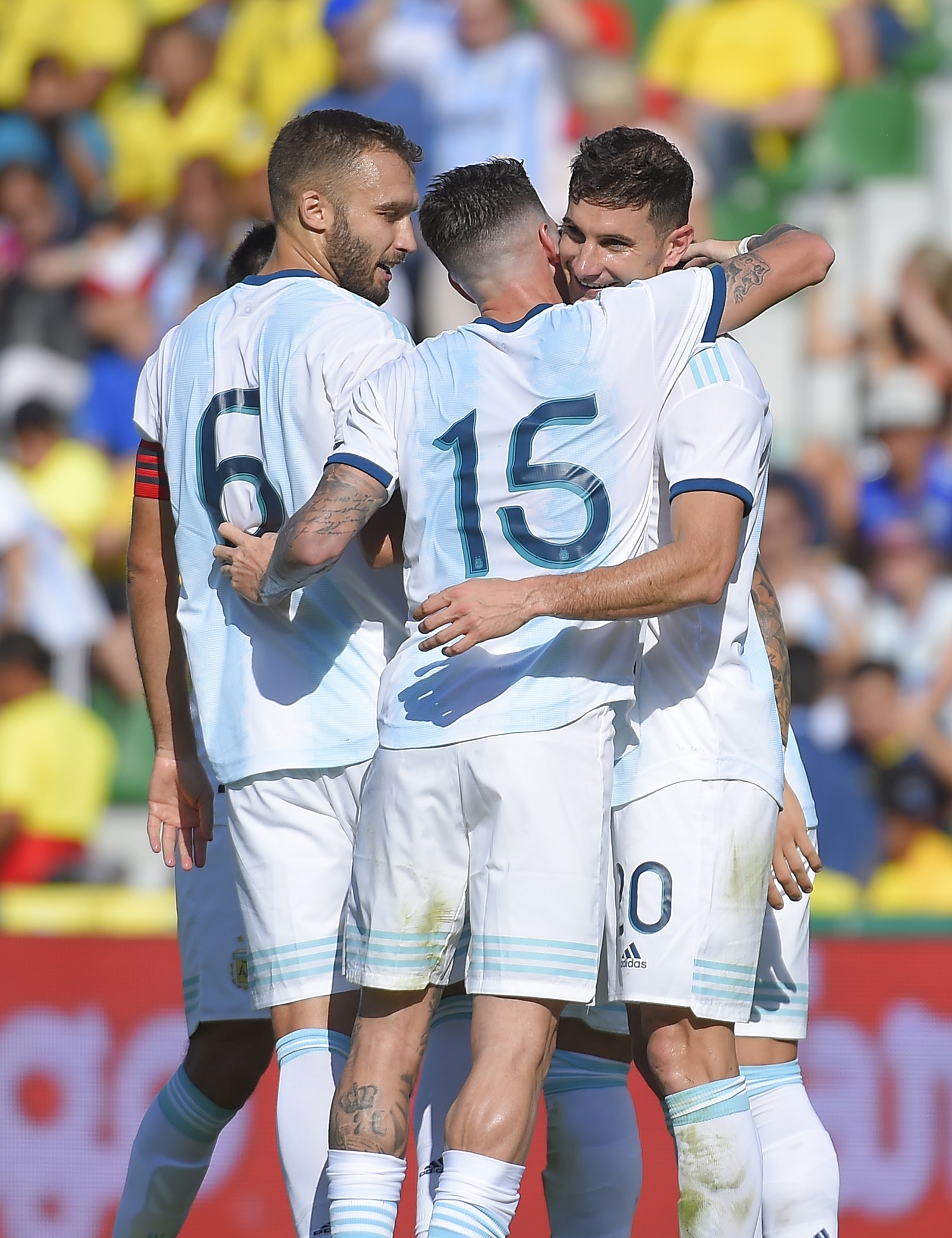 Argentina's midfielder Lucas Alario (R) celebrates with teammates after scoring during the International Friendly football match against Ecuador at the Martinez Valero stadium in Elche, on October 13, 2019. (Photo by JOSE JORDAN / AFP) Argentina's midfielder Lucas Alario (R) celebrates with teammates after scoring during the International Friendly football match against Ecuador at the Martinez Valero stadium in Elche, on October 13, 2019. (Photo by JOSE JORDAN / AFP)